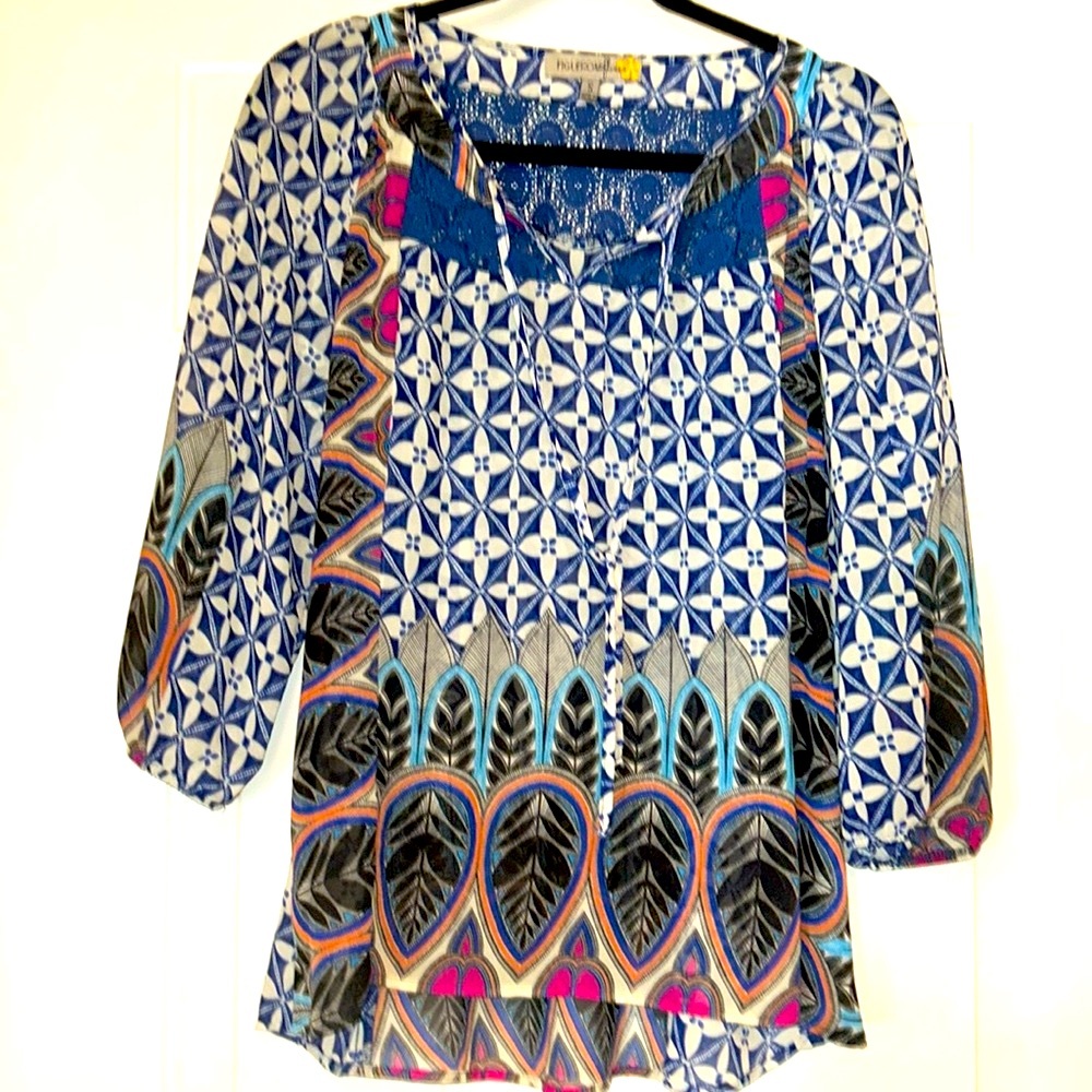 Anthropologie Fig & Flower Boho Tunic Top S Floral Sheer Lace 3/4 Sleeve